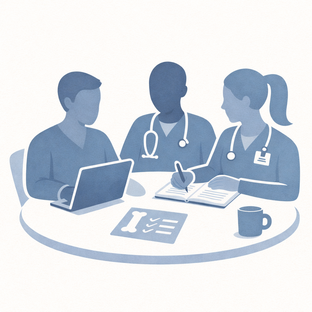 A group of three healthcare professionals say around a table participating in a small group learning session